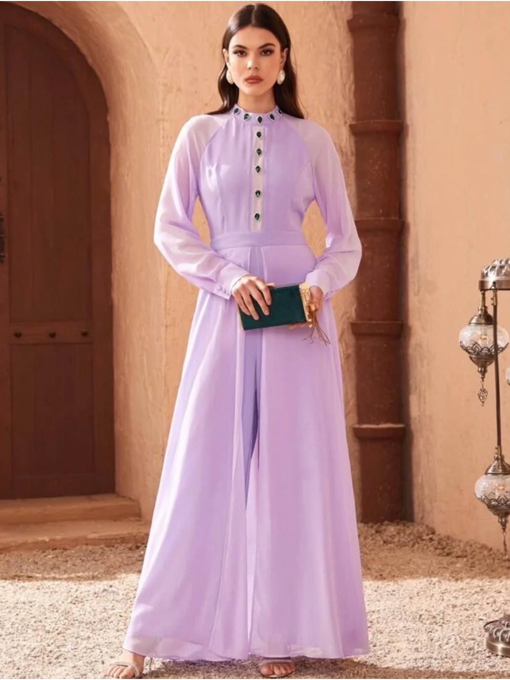 Elegant Lavender Long-Sleeve Maxi Dress